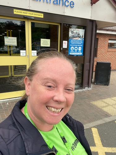 Picture of Corinne the Deputy Wellebing Lead at Sherwood Forest Hospitals about to set off on a walk from Newark Hospital.